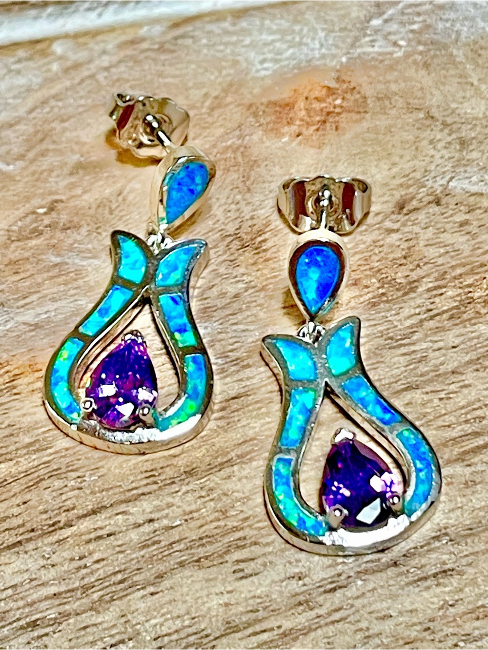 Blue Fire Opal Drop Earrings with Purple Teardrop Gem in silver plated setting